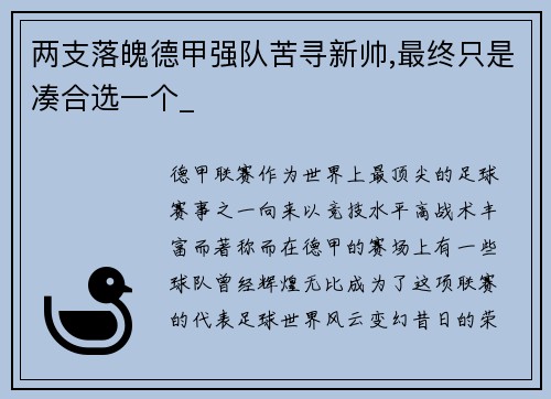 两支落魄德甲强队苦寻新帅,最终只是凑合选一个_