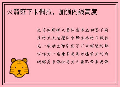 火箭签下卡佩拉，加强内线高度