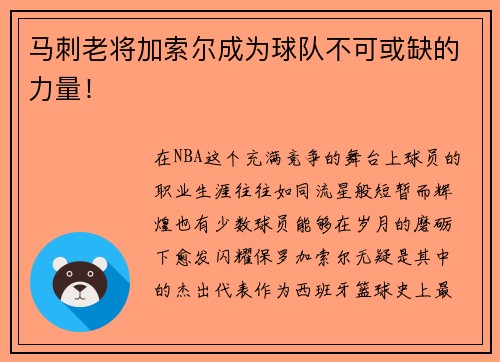 马刺老将加索尔成为球队不可或缺的力量！