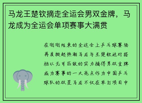 马龙王楚钦摘走全运会男双金牌，马龙成为全运会单项赛事大满贯