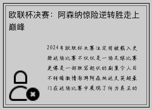 欧联杯决赛：阿森纳惊险逆转胜走上巅峰
