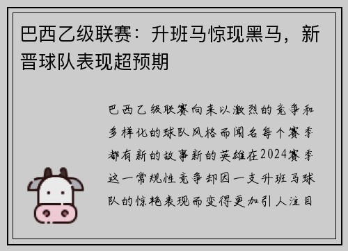 巴西乙级联赛：升班马惊现黑马，新晋球队表现超预期