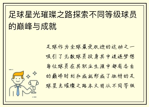 足球星光璀璨之路探索不同等级球员的巅峰与成就