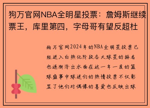 狗万官网NBA全明星投票：詹姆斯继续票王，库里第四，字母哥有望反超杜兰特 - 副本