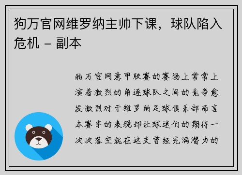 狗万官网维罗纳主帅下课，球队陷入危机 - 副本
