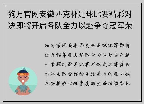 狗万官网安徽匹克杯足球比赛精彩对决即将开启各队全力以赴争夺冠军荣耀