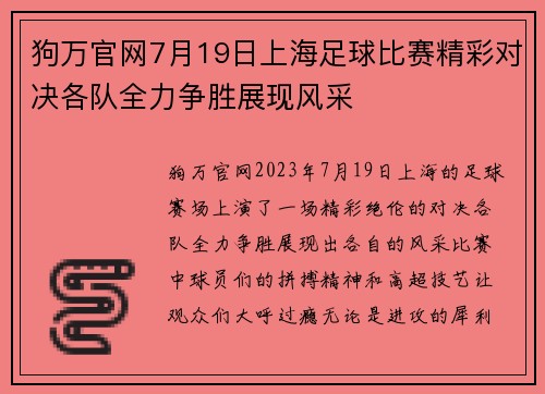 狗万官网7月19日上海足球比赛精彩对决各队全力争胜展现风采