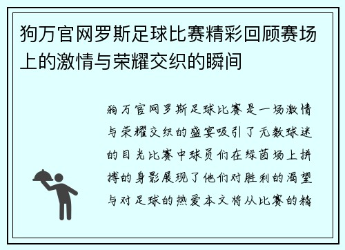 狗万官网罗斯足球比赛精彩回顾赛场上的激情与荣耀交织的瞬间