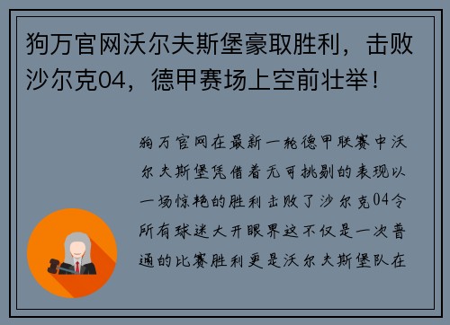 狗万官网沃尔夫斯堡豪取胜利，击败沙尔克04，德甲赛场上空前壮举！