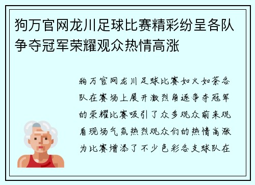 狗万官网龙川足球比赛精彩纷呈各队争夺冠军荣耀观众热情高涨