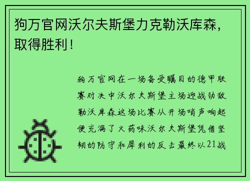 狗万官网沃尔夫斯堡力克勒沃库森，取得胜利！