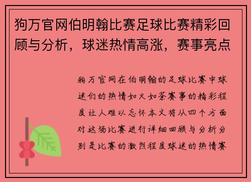 狗万官网伯明翰比赛足球比赛精彩回顾与分析，球迷热情高涨，赛事亮点纷呈