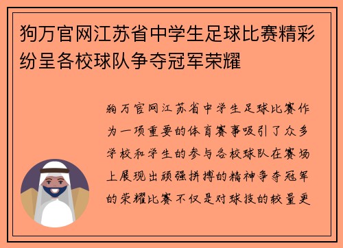 狗万官网江苏省中学生足球比赛精彩纷呈各校球队争夺冠军荣耀