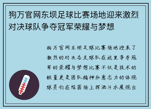狗万官网东坝足球比赛场地迎来激烈对决球队争夺冠军荣耀与梦想