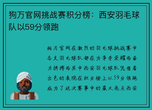 狗万官网挑战赛积分榜：西安羽毛球队以59分领跑