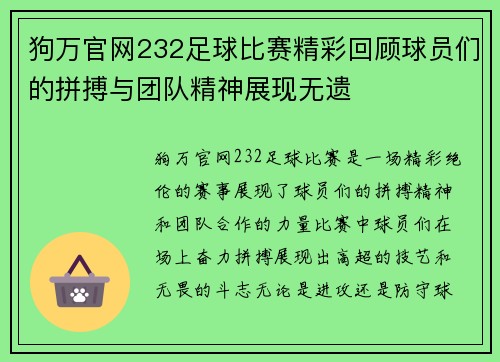狗万官网232足球比赛精彩回顾球员们的拼搏与团队精神展现无遗