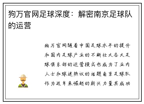 狗万官网足球深度：解密南京足球队的运营