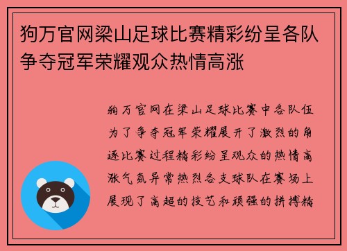 狗万官网梁山足球比赛精彩纷呈各队争夺冠军荣耀观众热情高涨