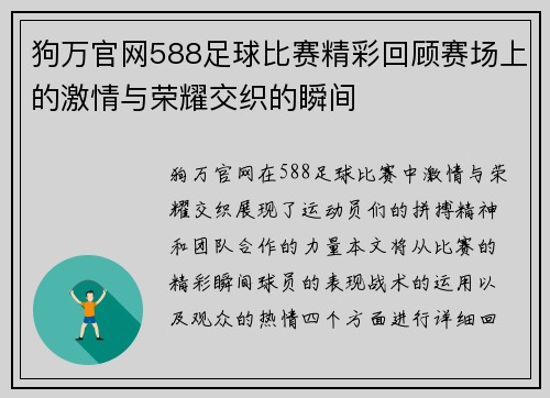 狗万官网588足球比赛精彩回顾赛场上的激情与荣耀交织的瞬间