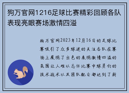 狗万官网1216足球比赛精彩回顾各队表现亮眼赛场激情四溢