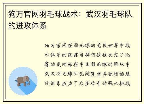 狗万官网羽毛球战术：武汉羽毛球队的进攻体系