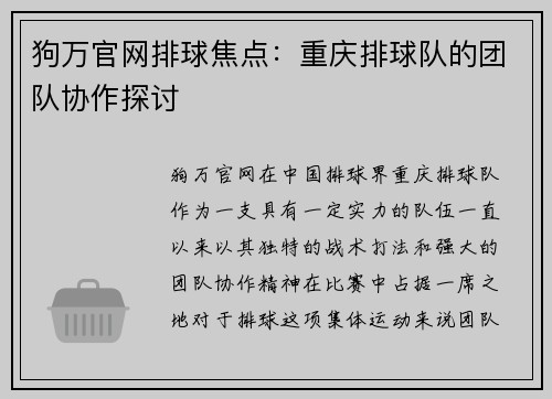 狗万官网排球焦点：重庆排球队的团队协作探讨
